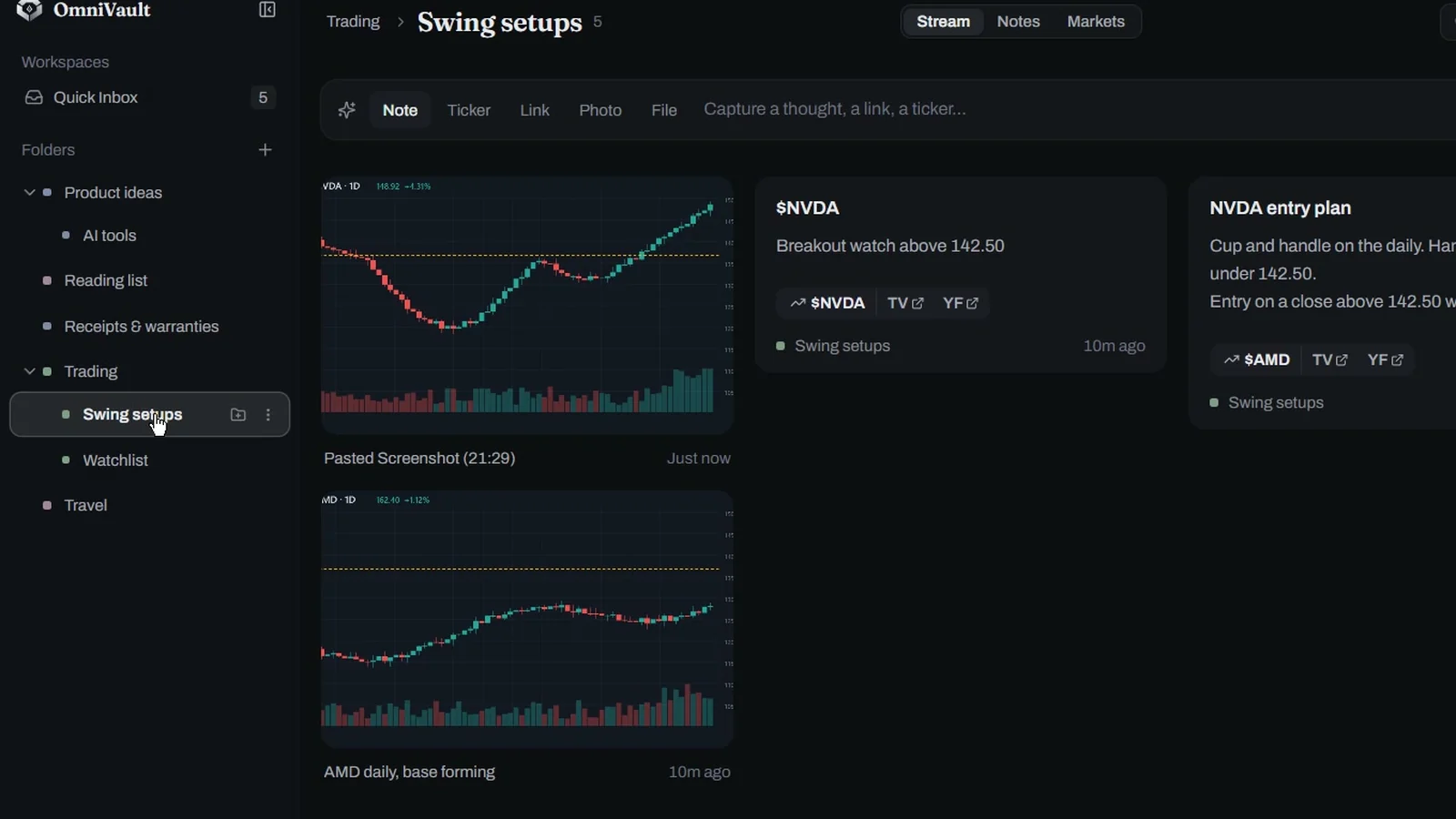 Nested folders in OmniVault with chart screenshots, a note and ticker cards