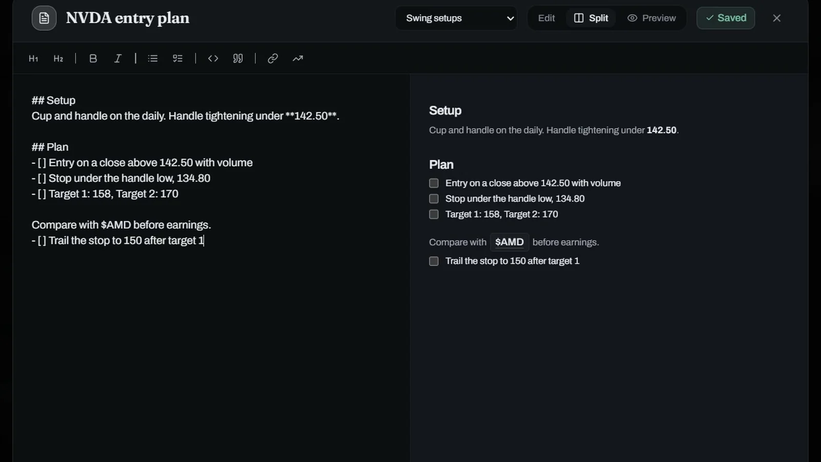 The OmniVault note editor with Markdown on the left and a live preview on the right