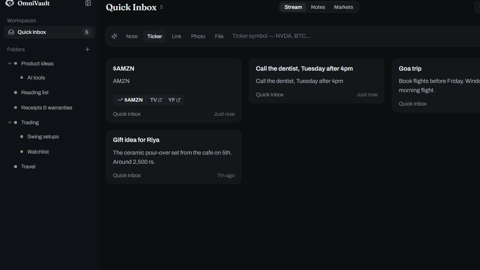 The OmniVault quick inbox with notes and a ticker card