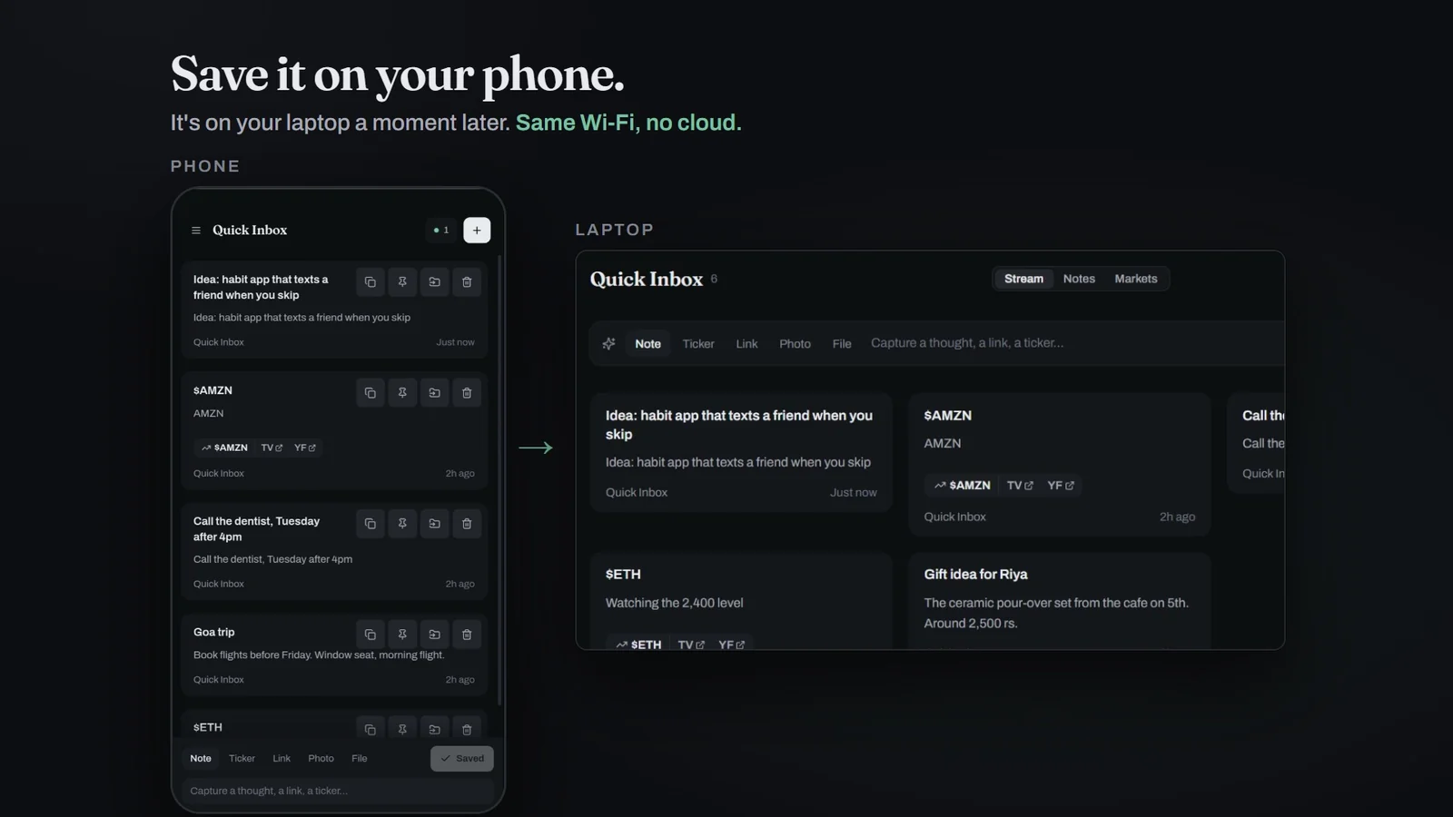 A note captured on an Android phone appearing in the OmniVault inbox on a Windows laptop