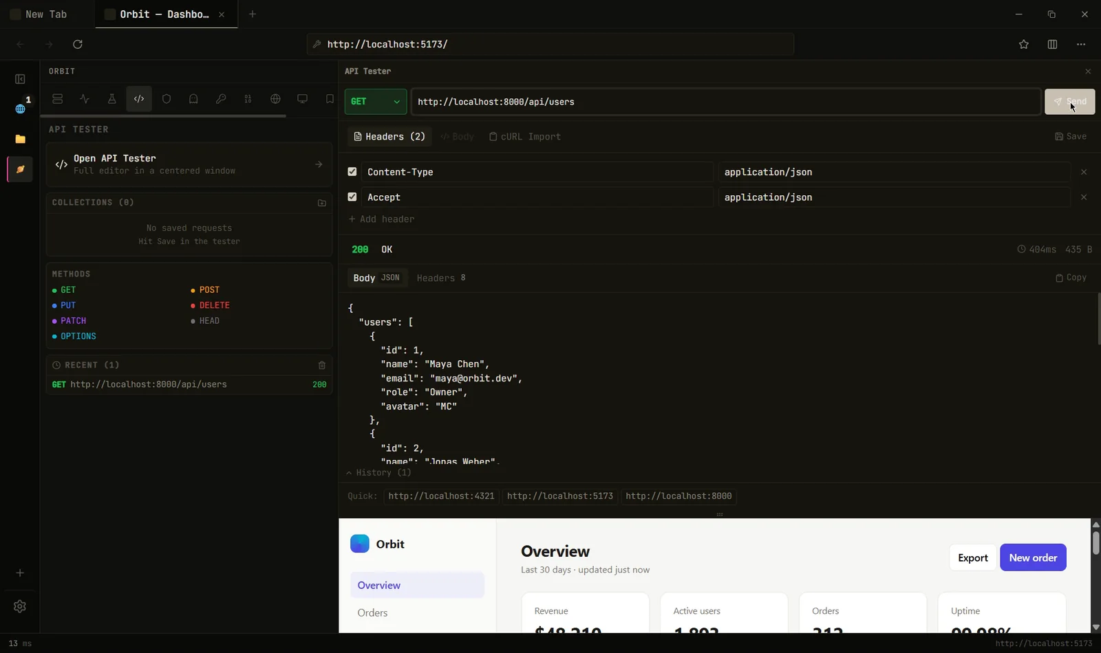 The API tester calling localhost:8000/api/users with the JSON response below