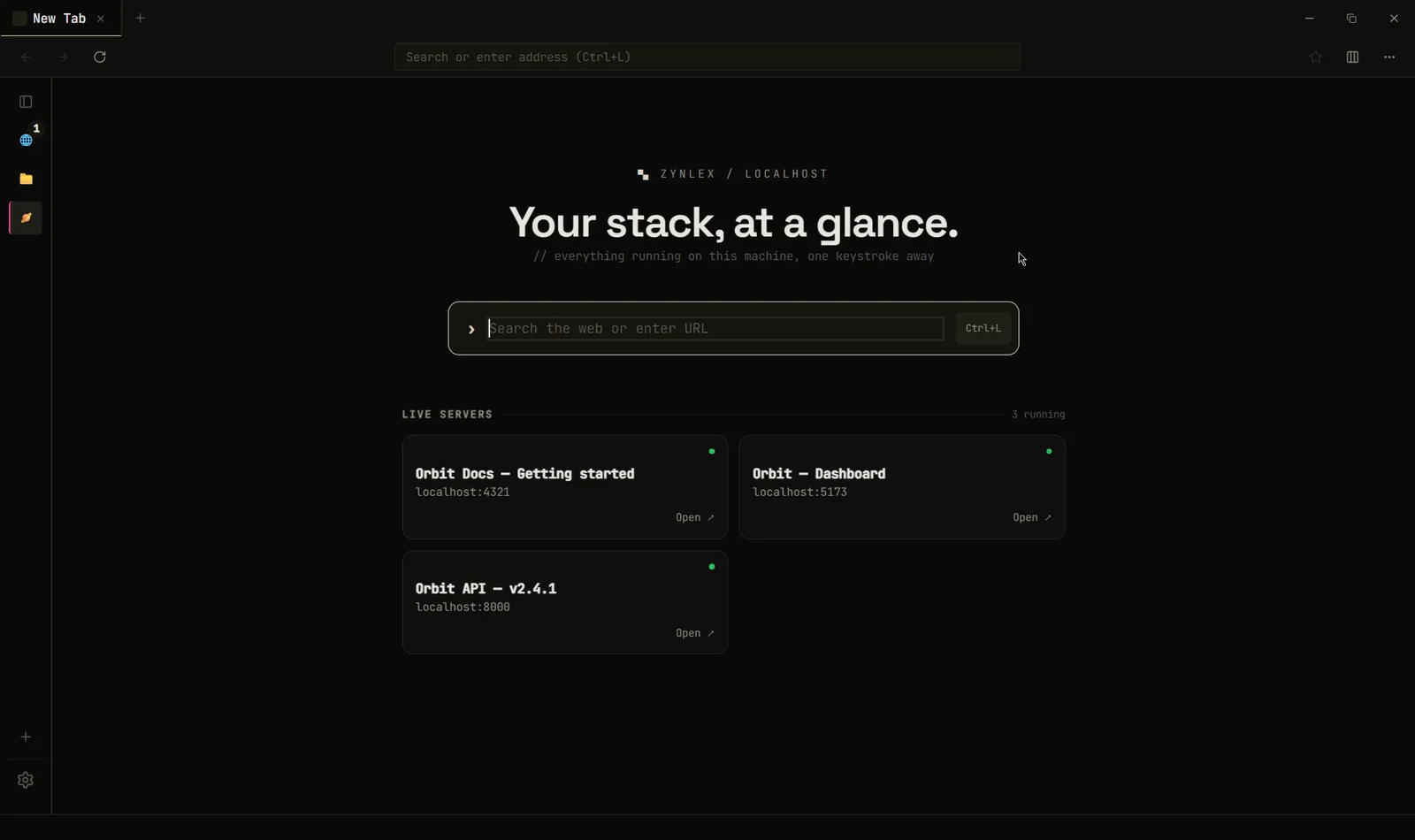 The new tab page listing three detected local dev servers: a dashboard, its API and a docs site