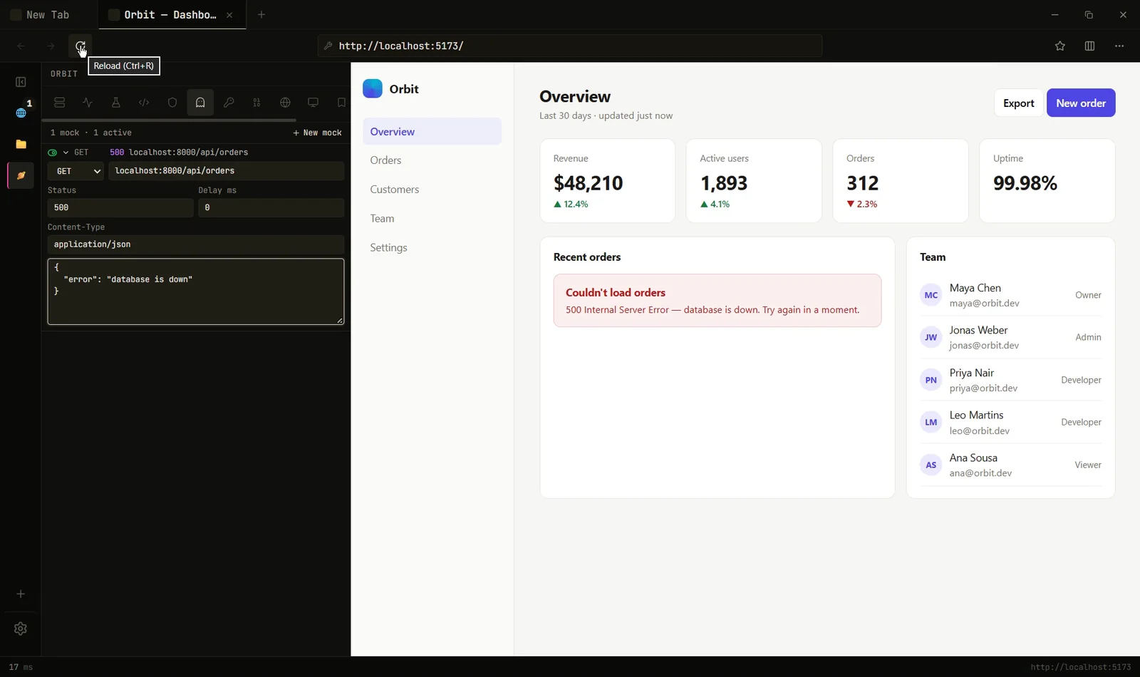 A mock rule returning 500 for /api/orders, and the dashboard showing its Couldn't load orders error